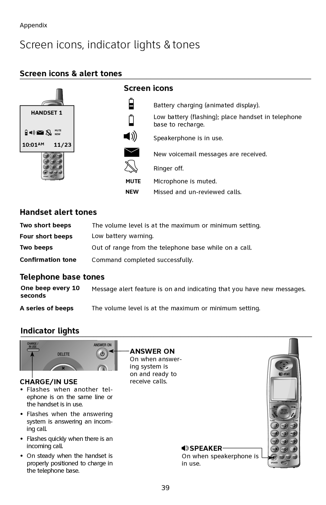 AT&T E2811 Screen icons, indicator lights & tones, Screen icons & alert tones, Handset alert tones, Telephone base tones 